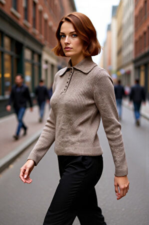 Kadın Regular Kalıp Uzun Kollu Polo Yaka Düğmeli Triko Kazak Günlük Şık Soğuk Havalar İçin