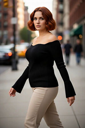 Kadın Triko Carmen Yaka Kazak Fitted Kalıp Fitilli Dokuma Uzun Reglan Kol Şık Bodycone Tasarım