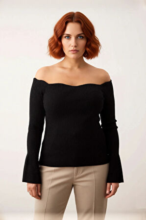 Kadın Triko Carmen Yaka Kazak Fitted Kalıp Fitilli Dokuma Uzun Reglan Kol Şık Bodycone Tasarım