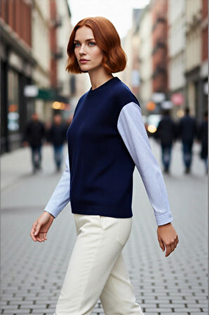 Kadın Gömlek Detaylı Triko Kazak Renk Bloklu Oversize Bisiklet Yaka Günlük Şıklık Ve Konfor Sunar