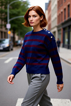 Kadın Triko Kazak Regular Kalıp Omuz Detaylı Bisiklet Yaka Çizgili Düşük Kol Orta Kalınlık