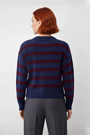 Kadın Triko Kazak Regular Kalıp Omuz Detaylı Bisiklet Yaka Çizgili Düşük Kol Orta Kalınlık