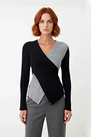 Kadın Vücuda Oturan Fitilli Kruvaze Yaka Triko Kazak Uzun Kollu İlkbahar Sonbahar Rahat Stil İçin