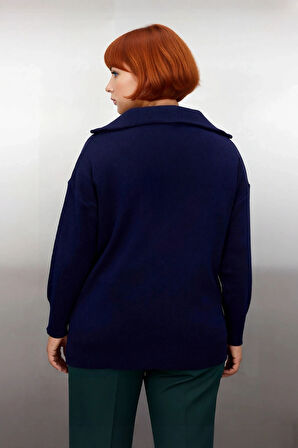 Kadın Rahat Kesim Kırmızı Devrik Yaka Fermuarlı Triko Kazak Düz Desenli Akrilik Kışlık Şıklık