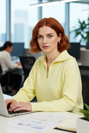 Kadın Rahat Kesim Kırmızı Devrik Yaka Fermuarlı Triko Kazak Düz Desenli Akrilik Kışlık Şıklık