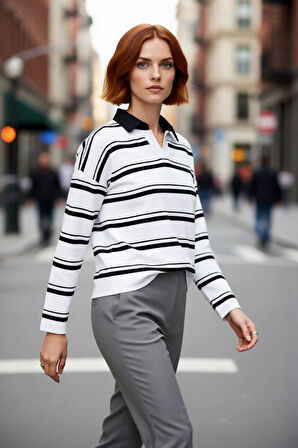 Kadın Oversize Rahat Kesim Çizgili Triko Kazak Polo Yaka Düşük Kol Kışlık Günlük Şıklık Kaliteli