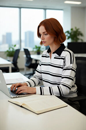 Kadın Oversize Rahat Kesim Çizgili Triko Kazak Polo Yaka Düşük Kol Kışlık Günlük Şıklık Kaliteli