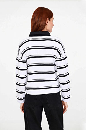 Kadın Oversize Rahat Kesim Çizgili Triko Kazak Polo Yaka Düşük Kol Kışlık Günlük Şıklık Kaliteli