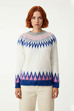 Kadın Soğuk Kış Günlerine Özel Regular Kalıp Bisiklet Yaka Geometrik Desenli Triko Kazak Kaliteli