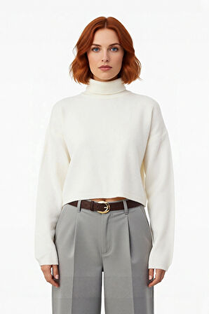 Kadınlara Özel Geniş Kalıp Balıkçı Yaka Triko Kazak Düşük Kol Süper Crop Kışlık Günlük Şıklık