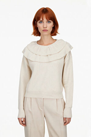 Kadın Feminen Kesim Akrilik Karışımlı Triko Kazak Fırfır Yaka Detaylı Günlük Konfor Kaliteli