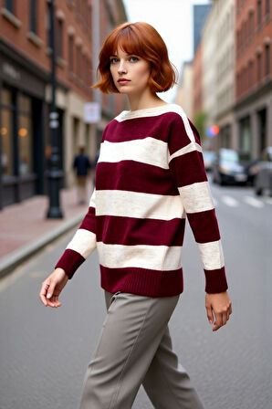 Kadınlar İçin Konforlu Oversize Kayık Yaka Çizgili Triko Kazak Kış Mevsimi Şıklığını Tamamlıyor.