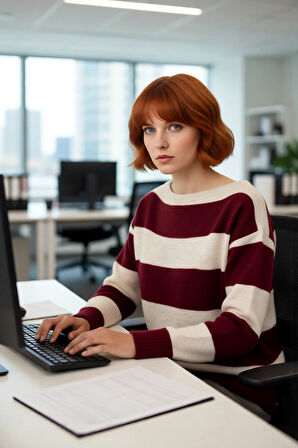 Kadınlar İçin Konforlu Oversize Kayık Yaka Çizgili Triko Kazak Kış Mevsimi Şıklığını Tamamlıyor.