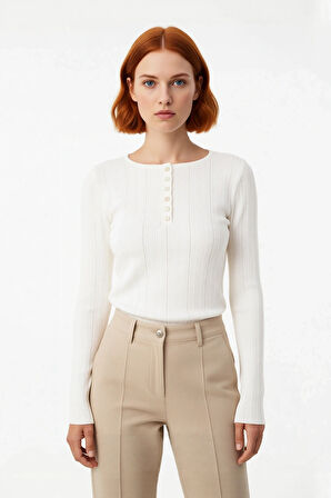 Kadın Triko Fitilli Dokuma Fitted Kalıp Uzun İspanyol Kol Kışlık Bisiklet Yaka Kazak Gündüz Gece