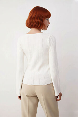 Kadın Triko Fitilli Dokuma Fitted Kalıp Uzun İspanyol Kol Kışlık Bisiklet Yaka Kazak Gündüz Gece