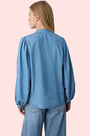 Kadın Kısa Kollu Denim Gömlek Oversize Balon Kol Günlük Stil Hafta Sonu Yaz Aylarının Vazgeçilmezi