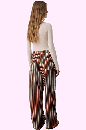 Kadın Pamuk Denim Baggy Jean Pantolon; Normal Bel Çizgili Geniş Paça Rahat Günlük Stil Hafta Sonu