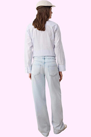 Kadın Pamuk Denim Jean Pantolon Düşük Bel Geniş Paça Günlük Kullanım Yaz Aylarının Vazgeçilmezi