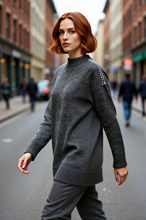 Kadın Tesettür Giyim İçin Regular Kalıp Düşük Kol Bisiklet Yaka Taş Detaylı Triko Kışlık Kazak