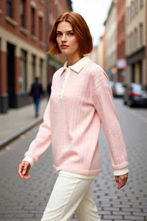 Kadın Tesettür Renk Bloklu Polo Yaka Düşük Kol Ribana Triko Kazak Regular Kalıp Kışlık Kaliteli