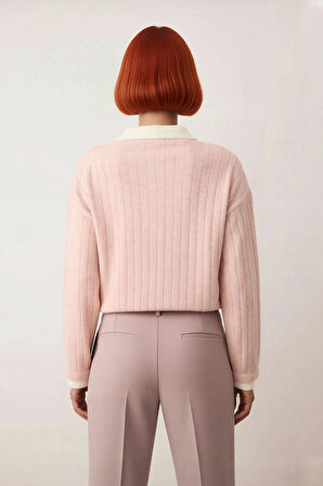 Kadın Tesettür Renk Bloklu Polo Yaka Düşük Kol Ribana Triko Kazak Regular Kalıp Kışlık Kaliteli