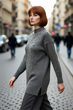 Kadınlara Özel Tesettür Giyime Uygun Metal İnci Detaylı Bisiklet Yaka Triko Kazak Soğuk Havalarda