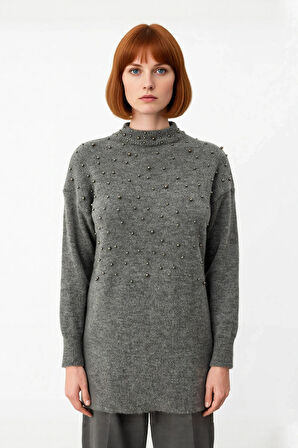 Kadınlara Özel Tesettür Giyime Uygun Metal İnci Detaylı Bisiklet Yaka Triko Kazak Soğuk Havalarda