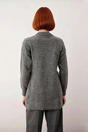 Kadınlara Özel Tesettür Giyime Uygun Metal İnci Detaylı Bisiklet Yaka Triko Kazak Soğuk Havalarda