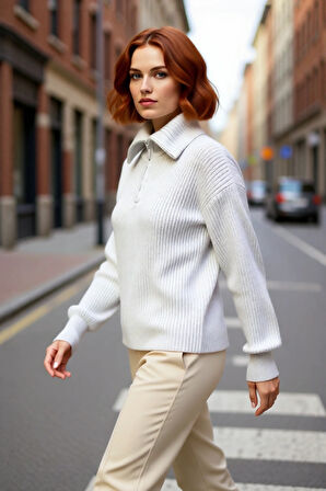 Kadın Casual Regular Kalıp Selanik Dokuma Uzun Kollu Triko Kazak Fermuarlı Dik Yaka Soğuk Havalar