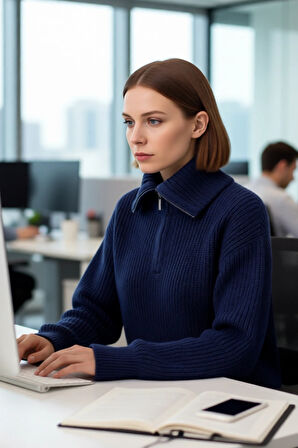 Kadın Casual Regular Kalıp Selanik Dokuma Uzun Kollu Triko Kazak Fermuarlı Dik Yaka Soğuk Havalar