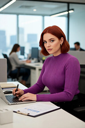 Kadınlara Özel İnce Fitilli Dik Yaka Mor Triko Kazak Günlük Kombinleriniz İçin İdeal Seçim.