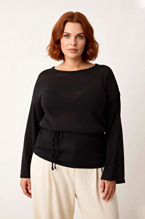 Kadınlar İçin Düz Renk Kayık Yaka Triko Kazak Regular Kalıp Uzun Kollu Beli Kuşaklı Tasarım