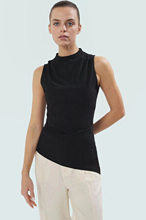 Paper Touch Örme Bluz Renk Asimetrik Kesim Dik Yaka Rahat Kullanım Seçkin Malzeme