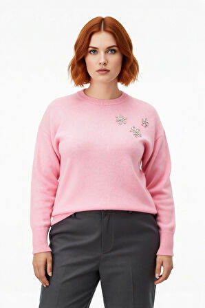 Kadın Pembe Işıltılı Taş İşlemeli Regular Kesim Bisiklet Yaka Uzun Kollu Günlük Triko Kazak