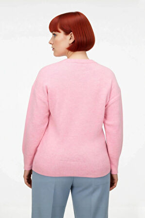 Kadın Pembe Işıltılı Taş İşlemeli Regular Kesim Bisiklet Yaka Uzun Kollu Günlük Triko Kazak