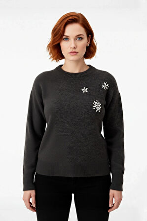 Kadın Pembe Işıltılı Taş İşlemeli Regular Kesim Bisiklet Yaka Uzun Kollu Günlük Triko Kazak