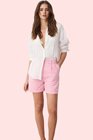 Kadın Yüksek Bel Boru Paça City Şort Günlük Casual Keten Karışımlı Rahat Dayanıklı Malzeme