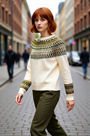 Kadın Etnik Desenli Bisiklet Yaka Regular Kalıp Triko Kazak Soğuk Havalarda Konforlu ve Şık Seçim