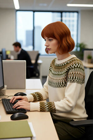 Kadın Etnik Desenli Bisiklet Yaka Regular Kalıp Triko Kazak Soğuk Havalarda Konforlu ve Şık Seçim