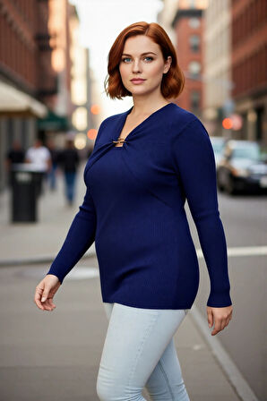 Kadın Premium Özel İplik Fitilli Triko Kazak Aksesuar Detaylı V Yaka Uzun Kol Zarif Giyim Kaliteli