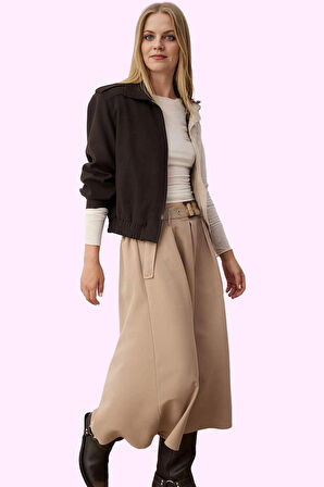 Kadın Gabardin Dokuma Midi Etek Kemer Detayı Casual Kombinler Günlük Kullanım Modern Tasarım