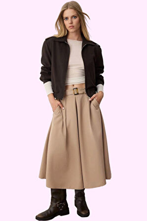 Kadın Gabardin Dokuma Midi Etek Kemer Detayı Casual Kombinler Günlük Kullanım Modern Tasarım