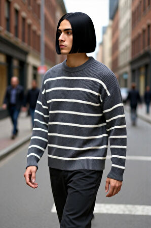 Modern Erkek Gri Çizgili Oversize Bisiklet Yaka Akrilik Uzun Kollu Kış Kombinlerinin Vazgeçilmezi
