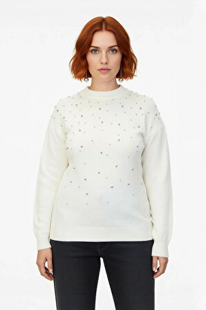 Kadınlara Özel Regular Kesim Ekru Trok Detaylı Düşük Kollu Bisiklet Yaka Orta Kalın Triko Kazak