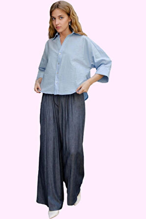 Kadın Chambre Dokuma Geniş Paça Pantolon Yüksek Bel Yaz Günlük Hafta Sonu Kaliteli Malzeme