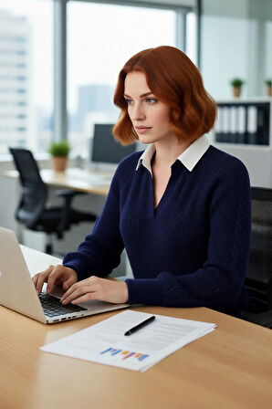 Kadın Lacivert Regular Kalıp Triko Kazak Düşük Kol Gömlek Yaka Saç Örgülü Kışlık Şıklık Kaliteli