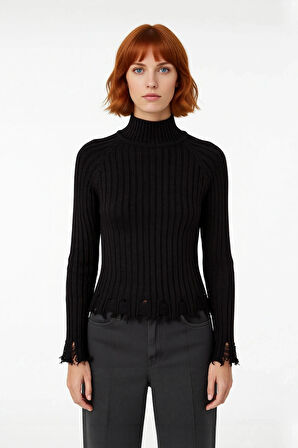 Kadınlara Özel Fitted Kesimli Crop Dik Yaka Uzun Kollu Fitilli Triko Kazak Günlük Stil İçin