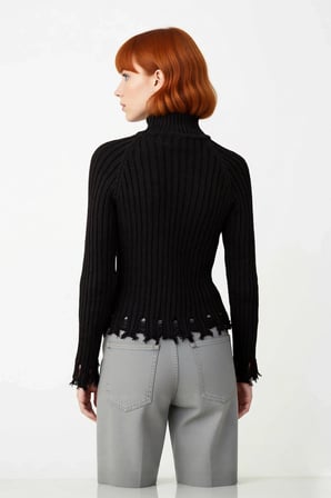Kadınlara Özel Fitted Kesimli Crop Dik Yaka Uzun Kollu Fitilli Triko Kazak Günlük Stil İçin