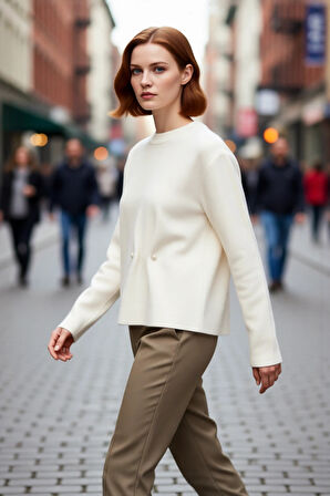 Kadın Yumuşak Dokulu Regular Triko Kazak Bisiklet Yaka Uzun Kollu İnci Detaylı Kış Stili Kaliteli