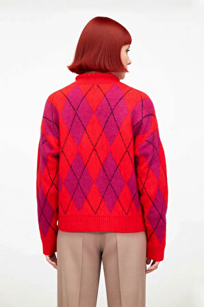 Kadın Dik Yaka Baklava Desenli Triko Kazak Oversize Kesim Rahat Ve Şık Düşük Kol Tasarım Kaliteli